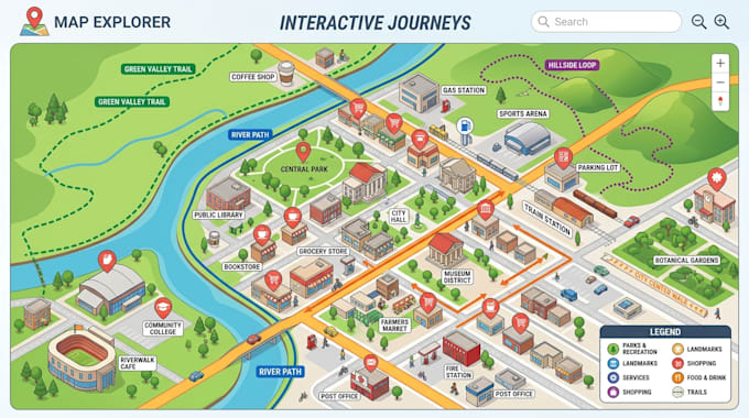 create interactive map for location, routes, pois and business navigation online