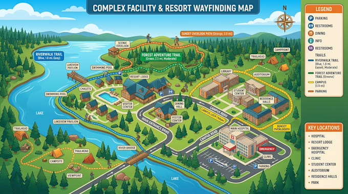 create wayfinding map for resorts, campuses, hospitals and complex facility gis