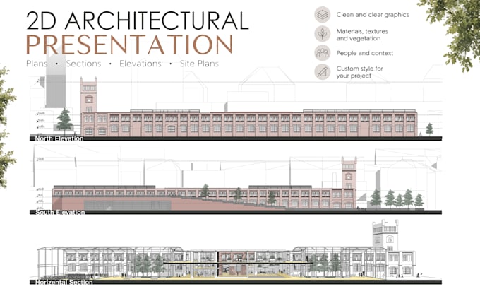 create 2d architectural presentation plans and sections