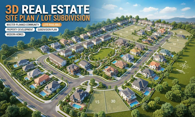 create 3d real estate site plan, lot subdivision and master plan rendering