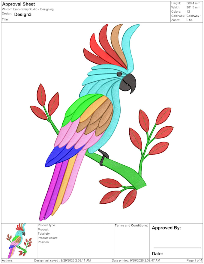 create a vvip custom parrot embroidery design in wilcom