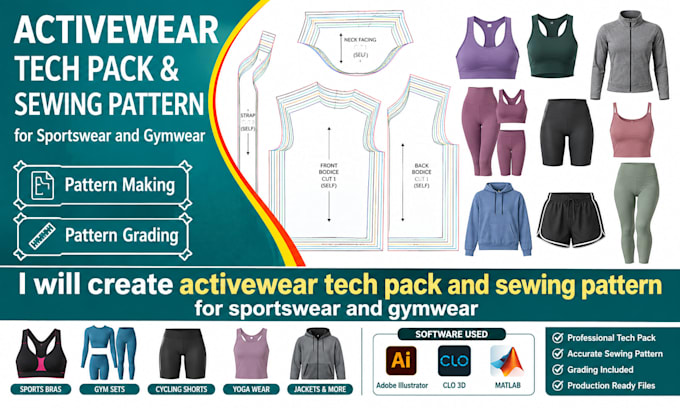 create activewear tech pack and sewing pattern for sportswear and gymwear
