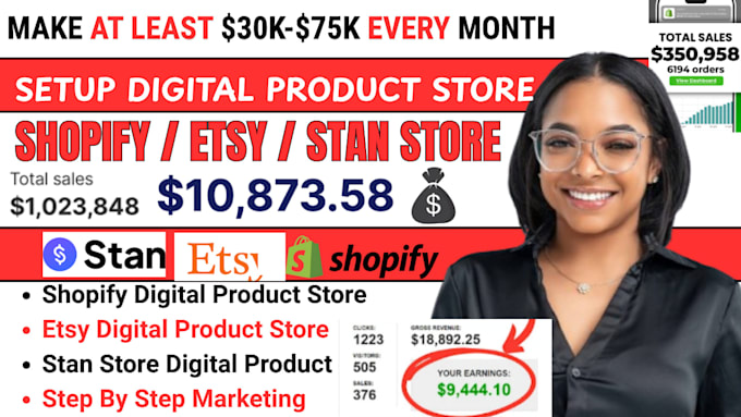 setup 7figure shopify digital product store, etsy shop, stan store digital shop