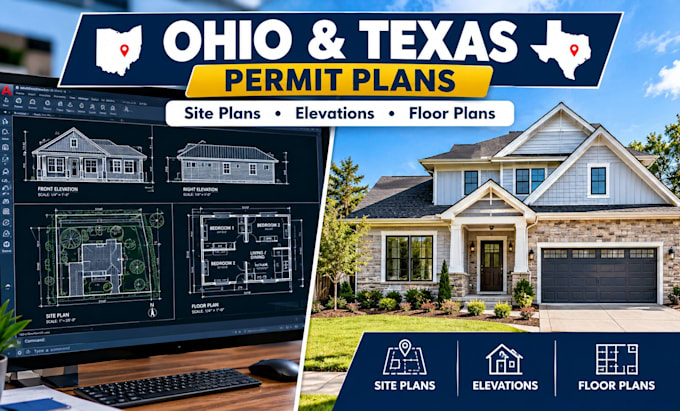 ohio or texas architectural permit construction plans, elevations and site plans