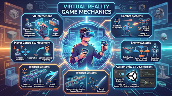 create vr game mechanics, interactions, combat and gameplay system