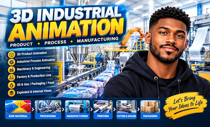 create realistic 3d industrial product and process animation, 3d animation video