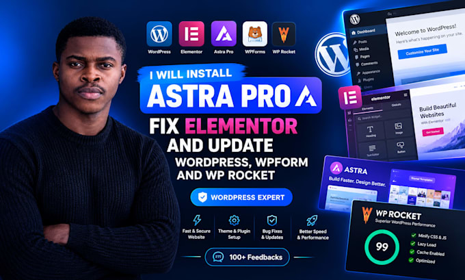 install astra pro, fix elementor, and update wordpress, wpform and wp rocket