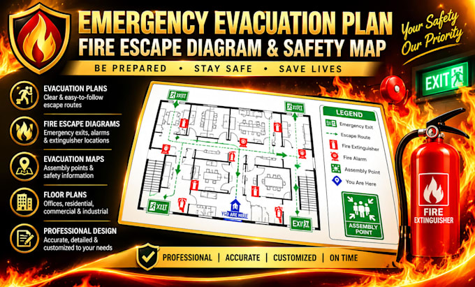 design emergency evacuation plan, fire escape diagram, map for your safety