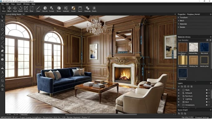 design realistic millwork and 3d modeling living room layout with 2020 software