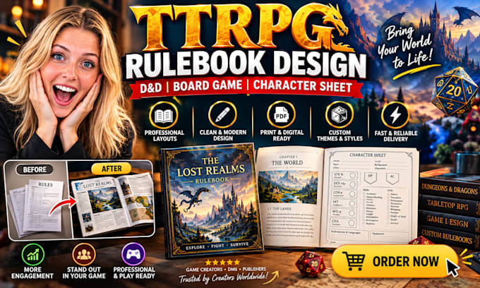 design ttrpg rulebook layout board game character sheet pdf formatting