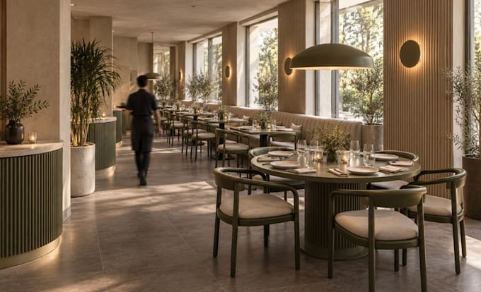 render3d restaurant interior,dessert cafe,lobby lounge layout,cgi kitchen design
