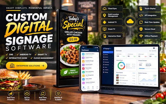 develop custom digital signage software cms kiosk and smart TV app
