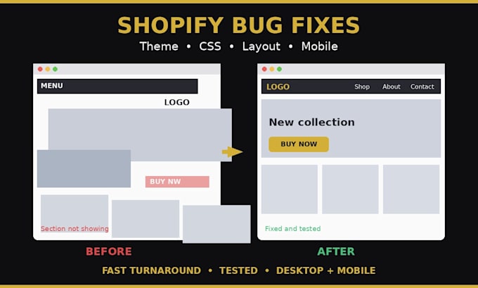 fix shopify bugs, theme errors, layout and css issues