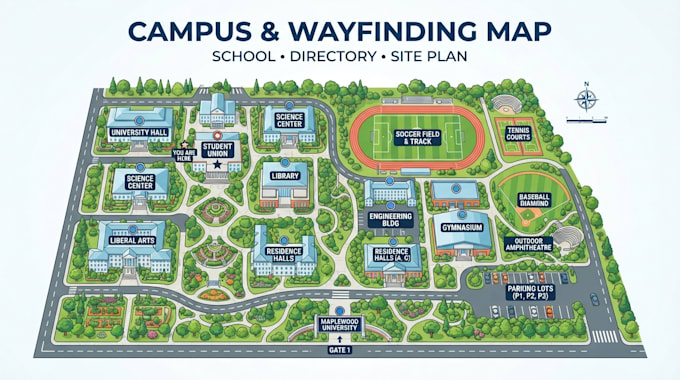 create campus map, school wayfinding map, directory map and site plan