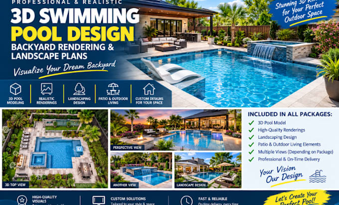 create 3d swimming pool design, backyard rendering, and landscape plans
