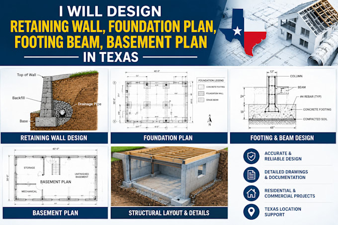 design retaining wall, foundation plan, footing beam, basement plan in texas