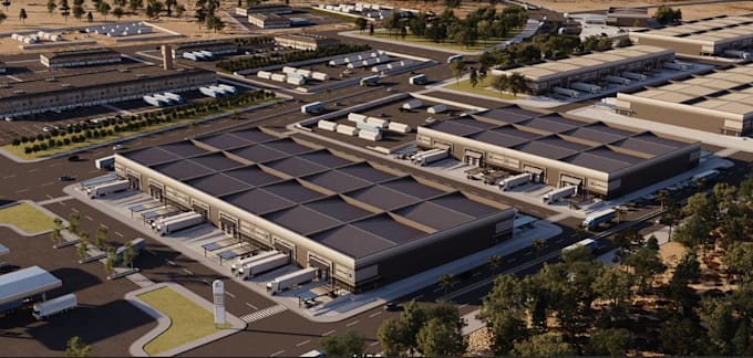 design 3d warehouse facility, factory logistics center masterplan with 3d render