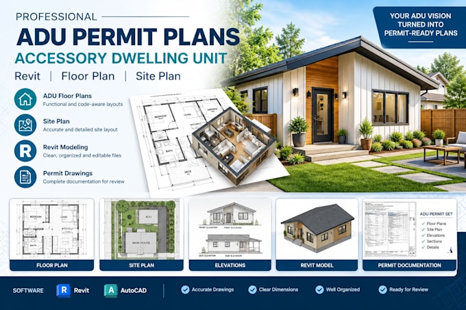 design adu permit plans, accessory dwelling unit, revit, floor plan, site plan
