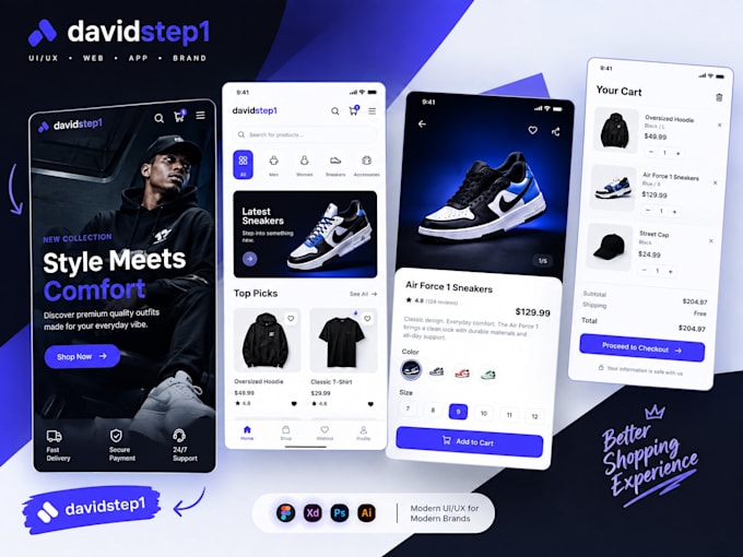 do web design, app ui design, ui ux, wireframe, brand identity, figma, adobe xd