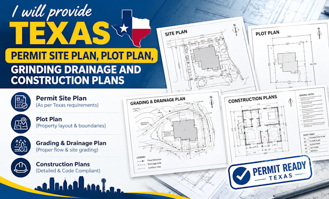 design texas permit site plan, plot plan, grinding drainage construction plans