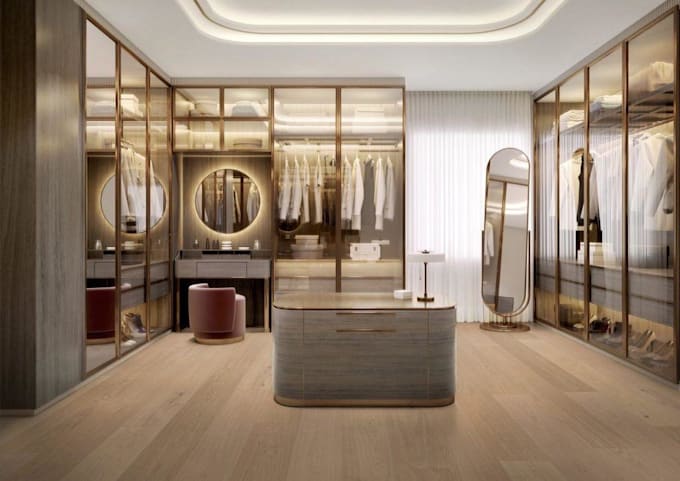 do 3d walk in closet modeling, locker room interior design and rendering