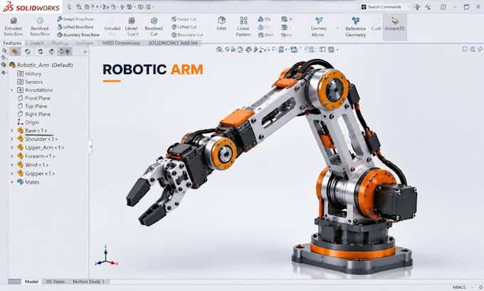 design robotic arm cad, robot parts,mechanical assemblies, solidworks prototypes