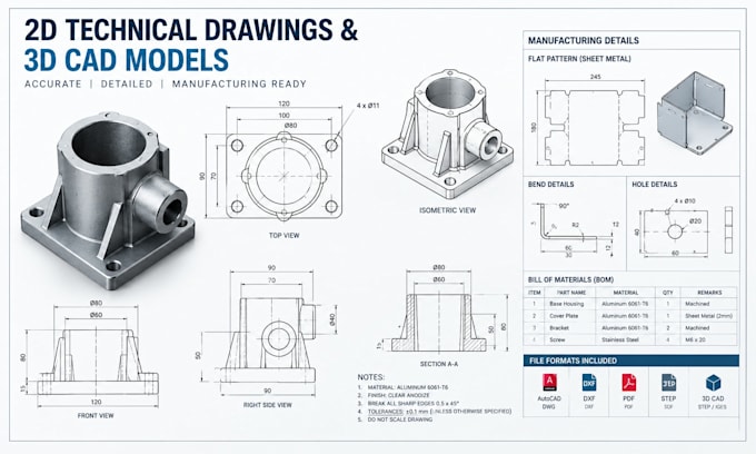 create 2d technical drawing, mechanical drawing, 3d cad models for manufacturing