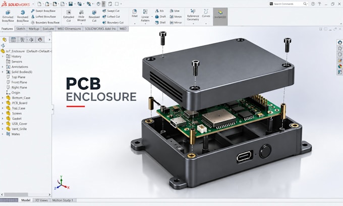 design custom pcb enclosure, hardware electronics solidworks cad for iot devices