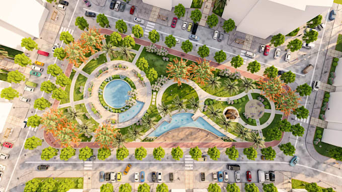 render 3d urban park master plan,vray landscape site layout,courtyard design,dwg