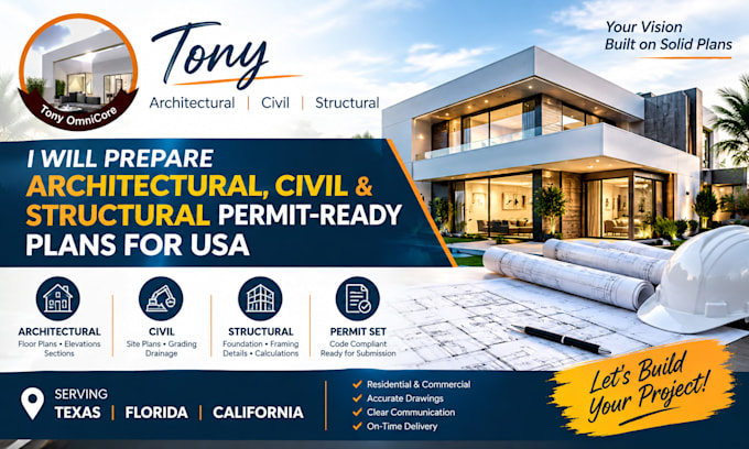 prepare architectural, civil and structural permit ready plans for USA