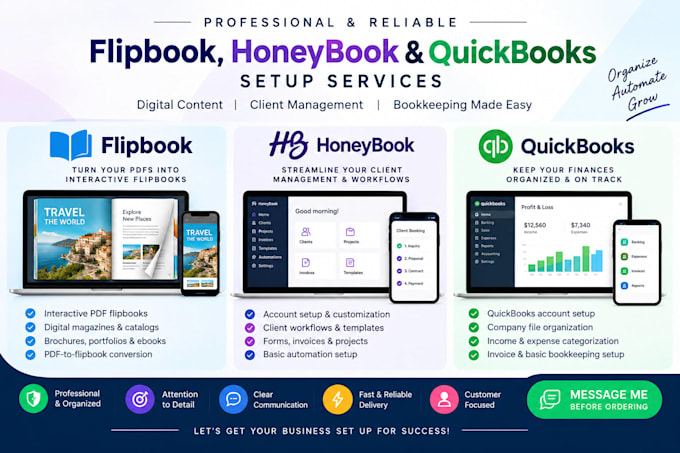provide flipbook, honeybook and quickbooks setup services