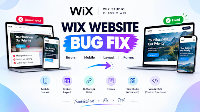 fix wix website bugs, errors, broken layouts and mobile issues