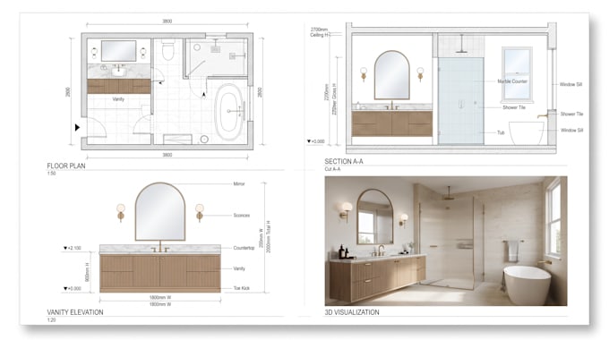 design bathroom with floor plans, vanity cabinetry elevations, sections