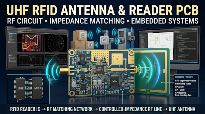 design uhf rfid antenna, reader pcb and high frequency rf circuit embedded