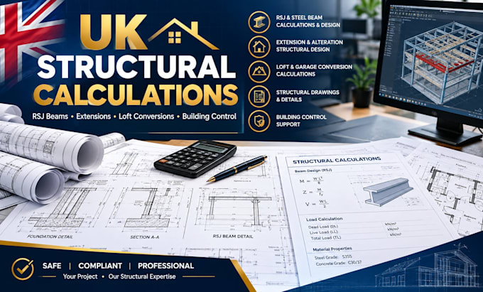 provide UK structural calculations, rsj beam design and engineering drawings