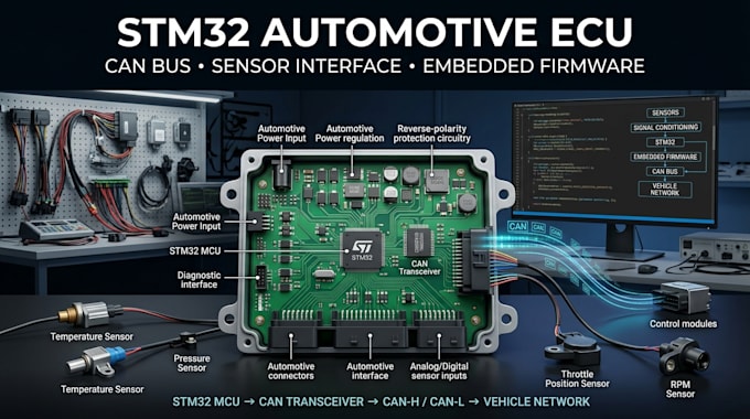 design stm32 automotive ecu, can bus, sensor interface pcb and embedded firmware
