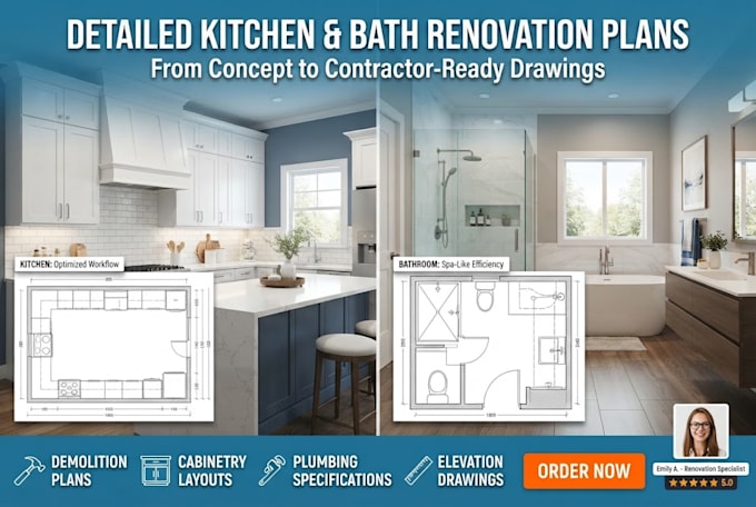 create detailed kitchen and bathroom renovation