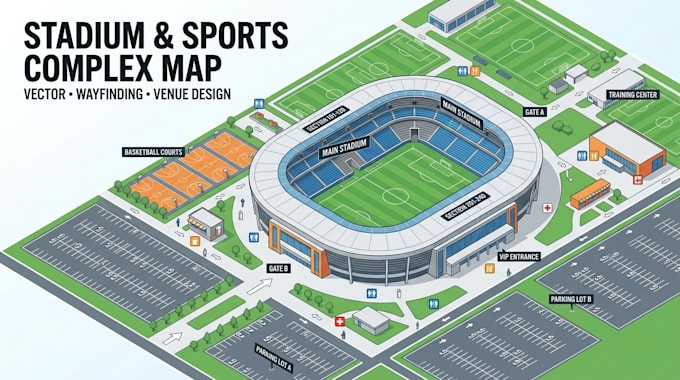 design a vector stadium map and sports complex wayfinding illustration