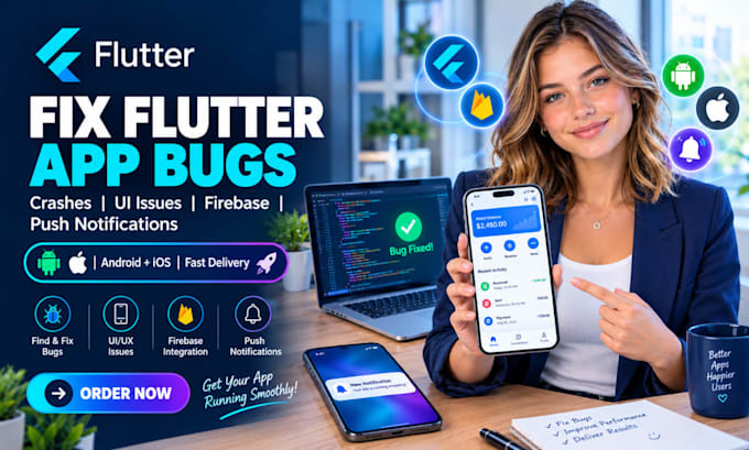 fix flutter app bugs crashes ui issues integrate firebase auth push notification