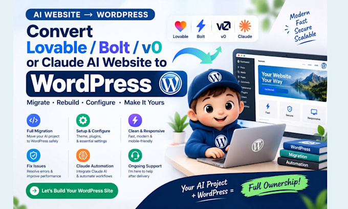 convert lovable bolt v0 or claude ai website to wordpress migrate web apps code