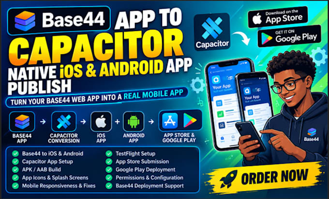 convert base44 app to capacitor native IOS and android app publish, deployment