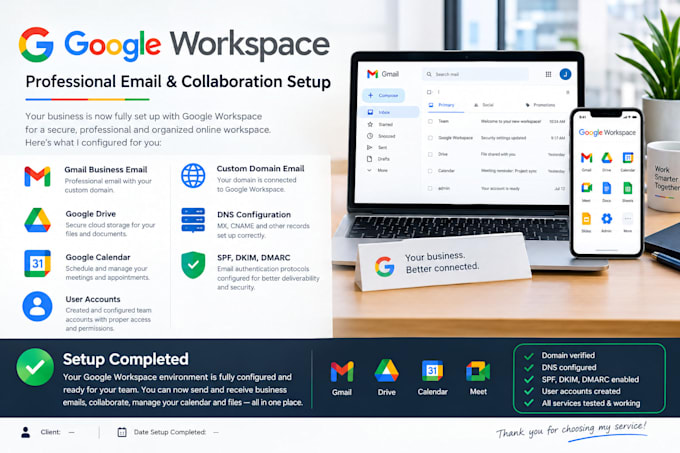setup google workspace, gmail, dns, spf, dkim, dmarc, and mx records
