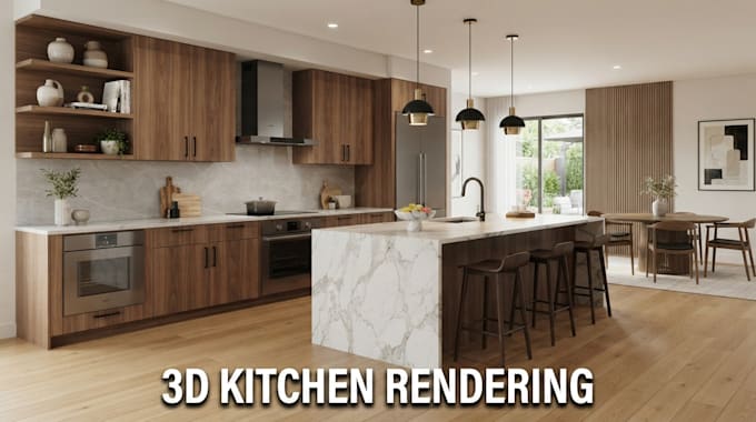 create 3d rendering, kitchen, living room, house plan and interior design