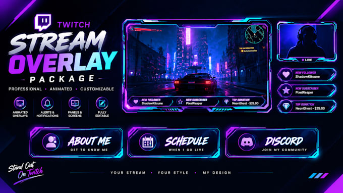 design animated twitch stream overlay, stream package, alerts, panels and more