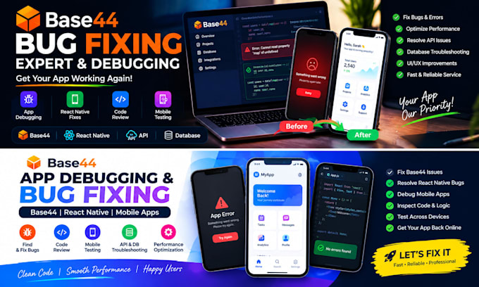 bug fix base44 expert app debugging mobile testingcode review react native bugs
