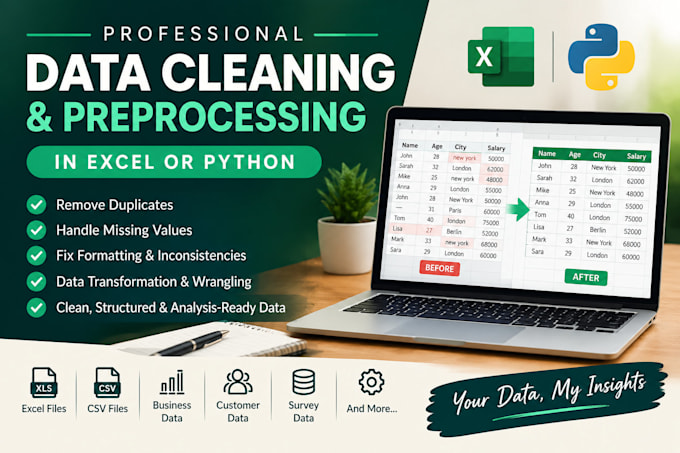 do professional data cleaning and preprocessing in excel or python