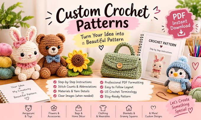create custom crochet pattern, amigurumi pattern PDF for etsy