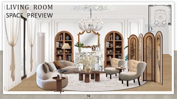 create interior mood board, room mockup and shopping list