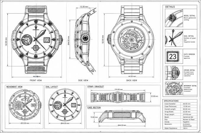 create detailed technical drawing of your watch design