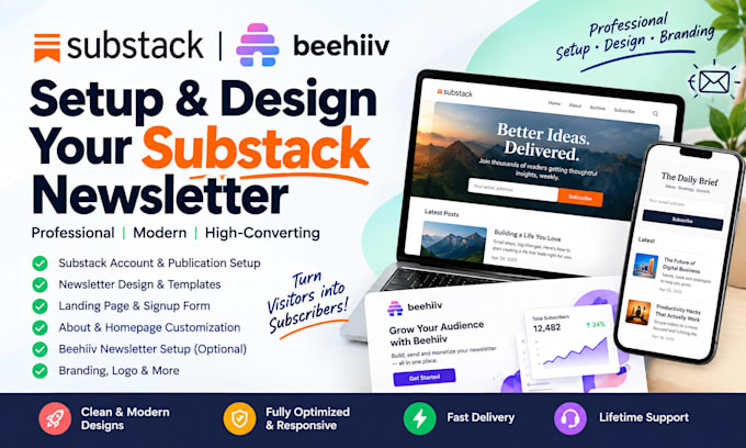 setup substack newsletter, design substack page and beehiiv newsletter